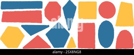 Set di forme geometriche colorate per bambini. Caselle di testo cornici testurizzate. Figure arrotondate e quadrate. Forme degli adesivi per preventivi disegnati a mano vettoriali. grunge geomet Illustrazione Vettoriale