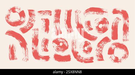 Il tratto del pennello squiggola e circola le linee dell'inchiostro. Composizione di forme di vernice rotonde disegnate a mano. Elementi grafici astratti a mano libera della curva rossa. SCRi Illustrazione Vettoriale