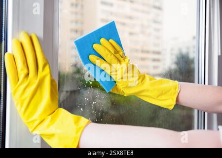 Una persona che indossa guanti in gomma gialla pulisce una finestra di vetro con una spugna blu, garantendo una lucentezza senza macchie e senza strisce. Foto Stock