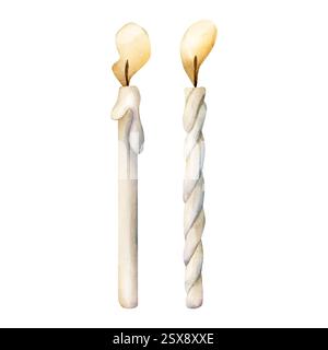 Graziose candele bianche. Candelabri per torta di compleanno. Illustrazione isolata dipinta a mano ad acquerello per compleanno dei bambini, festa di genere per la doccia dei bambini, asilo nido, sw Foto Stock