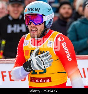 Crans-Montana, Vallese, Svizzera. 23 febbraio 2025. Crans-Montana Svizzera, 23/02/2025: ALEXIS MONNEY della Svizzera è in azione durante la Coppa del mondo FIS Crans Montana. La Coppa del mondo FIS Crans Montana si è svolta presso il famoso parco sciistico di Crans-Montana in Svizzera. (Immagine di credito: © Eric Dubost/ZUMA Press Wire) SOLO PER USO EDITORIALE! Non per USO commerciale! Crediti: ZUMA Press, Inc./Alamy Live News Foto Stock