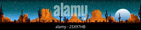 Paesaggio notturno del deserto dell'Arizona. Paesaggio deserto roccioso. Montagne e cactus. Il Monument Valley in Arizona e Utah. Illustrazione Vettoriale