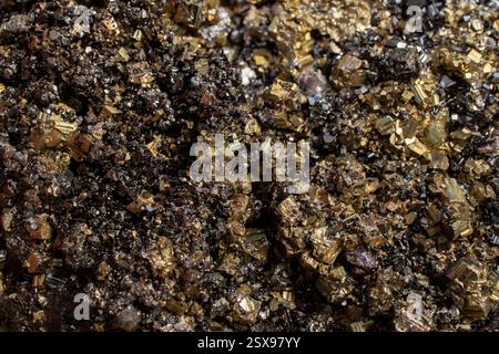 Fiore minerale di pirite colore nero e dorato messa a fuoco morbida primo piano, motivo astratto Foto Stock