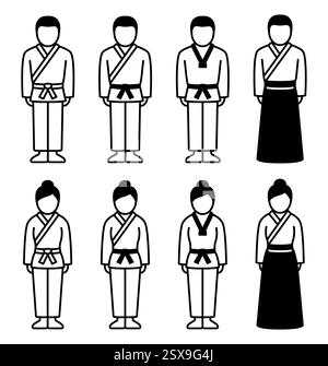 Icona delle arti marziali maschili e femminili. Karate, Taekwondo, Judo, Aikido gi. Semplice icona di linea uomo e donna, illustrazione vettoriale in bianco e nero. Illustrazione Vettoriale
