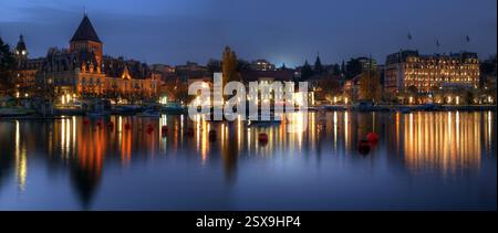 Immagine panoramica HDR del lungomare del lago di Ginevra del porto di Ouchy, Losanna, Svizzera. Sulla sinistra, Chateau d'Ouchy con un XII centur Foto Stock