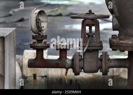 Valvole, tubi e pompe su un forno da coke per impianto di produzione. Lavori chimici. Foto Stock