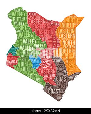 Forma Kenya. Cloud di parole del paese con divisione regionale. Illustrazione colorata del Kenya. Fumetto nomi area. Illustrazione vettoriale. Illustrazione Vettoriale
