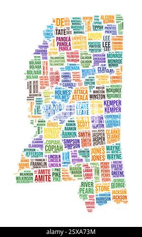 Cloud di parole della contea del Mississippi. Design della forma dello stato. Illustrazione a colori del Mississippi. I nomi delle contee collage cloud. Illustrazione vettoriale. Illustrazione Vettoriale