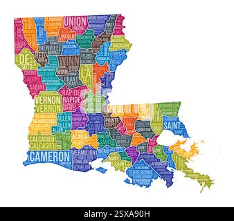 Forma della Louisiana. State Word cloud con divisione contea. Illustrazione colorata della Louisiana. I nomi delle contee sono nubi. Illustrazione vettoriale. Illustrazione Vettoriale
