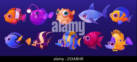 pesce 3d. Simpatico animale marino, pagliaccio sottomarino e pesce rosso dell'oceano, bambino per giochi d'acqua. Felice vita da acquario, carattere tropicale, fauna colorata della barriera corallina caraibica. Set isolato di icone vettoriali dei cartoni animati Illustrazione Vettoriale