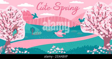 Sfondo primaverile. Grazioso sfondo alberato del parco, terreno di fiori rosa o paesaggio di campi giapponesi, sakura e uccelli, decorazioni naturali. Splendida illustrazione vettoriale isolata in stile cartoni animati Illustrazione Vettoriale