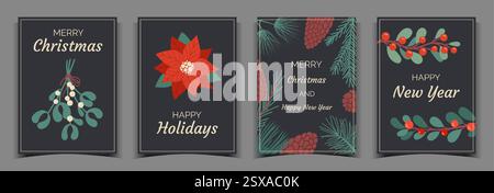 Biglietti di auguri di Natale. Fiori invernali. Buon Natale lascia garland. Festa della stagione fredda. Ramo di abete con cono. Steli Mistletoe o poinsettia. Elementi botanici. Set di striscioni floreali vettoriali per le feste Illustrazione Vettoriale