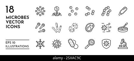 Icona dei batteri. Logo microbiologia. Malattia del cancro. Muffa della linea virale o del patogeno del batterio in piastra di Petri. Intestino e microbo HIV. Polveri biologiche polline. Diagnostica di laboratorio. Set di simboli medici vettoriali Illustrazione Vettoriale