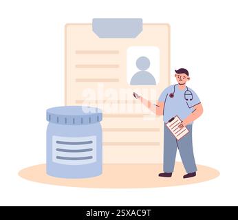 Consultazione veterinaria. Clinica veterinaria. Piccolo medico con pillole di rimedio e diagnosi medica del paziente animale. Pagine della carta diagnostica negli Appunti. Vaso di farmaci grande. Trattamento per animali domestici. Concetto veterinario vettoriale Illustrazione Vettoriale