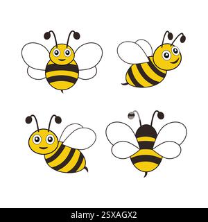 Set di immagini vettoriali di un'ape giallo-nera su sfondo bianco. Illustrazione Vettoriale