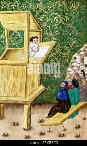Jan Hus predicando, manoscritto ceco, 1490s Jan Hus (1370 – 1415), John Hus o John Huss, Iohannes Hus o Johannes Huss, teologo e filosofo ceco Foto Stock