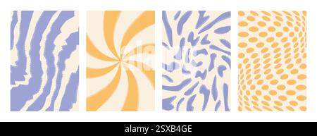 Set di poster hippie anni '70 blu e giallo in stile gotico. Quattro carte psichedeliche alla moda, sfondi vettoriali estetici Y2K, effec distorto o distorto Illustrazione Vettoriale