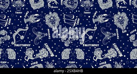 Costellazioni segni zodiacali e stelle sfondo con pattern vettoriale senza cuciture. Non IA, Illustrazione Vettoriale