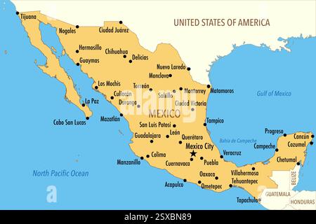 Mappa del Messico con le principali città e i paesi vicini – illustrazione infografica Foto Stock