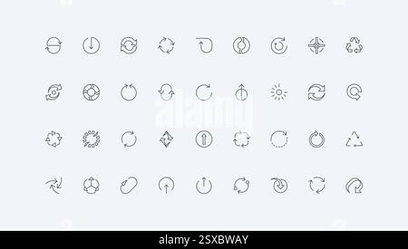 Segni circolari di aggiornamento e riciclo, avanzamento del caricamento, avvio e ripetizione del movimento, orientamento e direzione simboli sottili di contorno neri illustrazione vettoriale. Set di icone della linea delle frecce circolari Illustrazione Vettoriale