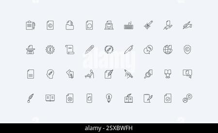 Piume, penna e matita del giornalista per scrivere l'articolo, creazione di testo nel blog sottile contorno nero simboli illustrazione vettoriale. Contenuto creativo di autore e blogger, set di icone della linea di narrazione Illustrazione Vettoriale