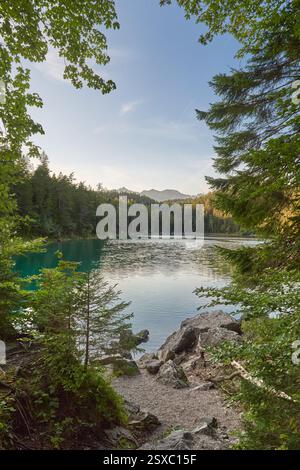 Questa immagine mozzafiato mostra la bellezza serena di Eibsee, un lago alpino annidato ai piedi di Zugspitze, la vetta più alta della Germania. Il Crystal-cl Foto Stock