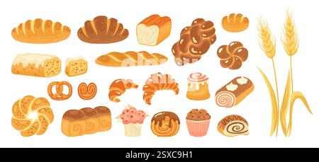 Pane e pasticceria prodotti da forno cartoni animati disegnati a mano. Panini di pane vari, muffin, baguette e croissant francesi, pane di segale di grano. Menu pasticceria, illustrazione vettoriale della collezione d'arte testurizzata Illustrazione Vettoriale