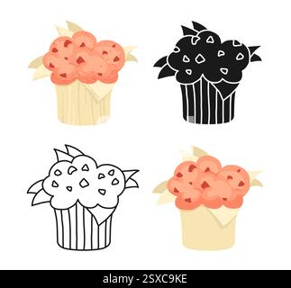 Cupcake con illustrazione vettoriale di fragole di bacche. Cupcake di dolci da festa con contorno piatto disegnato a mano e set di stili a cartoni animati testurizzati. Dolci e minuscoli dolci da forno, ricettario Illustrazione Vettoriale