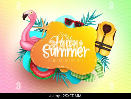 Design del modello vettoriale estivo. Hello Summer text in motivi astratti di fogliame con foglie ed elementi tropicali flamingo per le vacanze estive Illustrazione Vettoriale