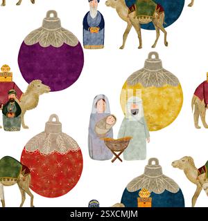Palle testurizzate sull'albero di Natale, presepe senza cuciture isolato su bianco. Acquerello per tessuti, carta da imballaggio, cartoline, Natale, novità Foto Stock