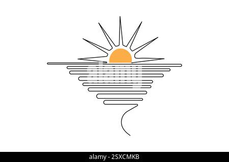 Tramonto su una linea di un'icona vettoriale minimalista con sfondo bianco e nero Illustrazione Vettoriale