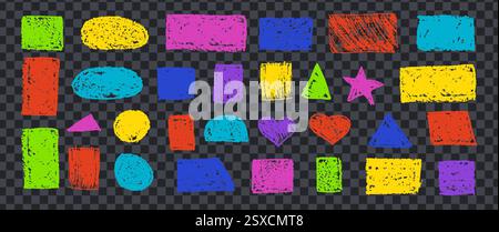 Set di forme geometriche astratte di base disegnate con carbone colorato. Collezione di cornici per preventivi di vernice disegnate a mano. Set di bolla vocale colorata vuota Illustrazione Vettoriale