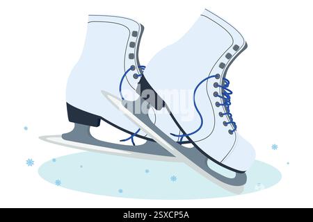 Pattini bianchi con lacci. Scarpe unisex per hockey su ghiaccio. Intrattenimento invernale. Accessori per pattinaggio artistico. Poster vettoriale a colori. Concetto di pattinaggio su ghiaccio Illustrazione Vettoriale