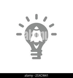 Startup aziendale, lancio di nuovi prodotti e innovazione. Lampadina e razzo o vettore della navicella spaziale. Illustrazione Vettoriale
