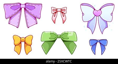 Fiocchi estetici Y2K con colori pastello - nastri decorati con cuore e finiture in pizzo. Elementi cartoni animati Kawaii con glitter per un design di adesivi digitali retrò. Accessori femminili. Illustrazione Vettoriale
