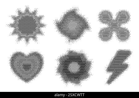 Forme di pattern pixel. Fiore e stella a cuore testurizzato con gradiente dithering bitmap Y2K. Stella vettoriale retrò con un vecchio effetto grafico di gioco per computer Illustrazione Vettoriale