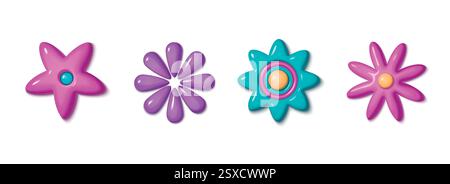 Elementi floreali 3D in stile Y2K con petali di fiori lucidi nei colori rosa, viola e turchese. Forme arrotondate e luminose su sfondo bianco per un design dall'estetica retrò. Fiorisce la plastica dei cartoni animati astratti. Illustrazione Vettoriale