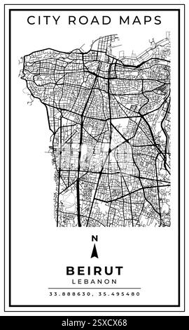 Mappa stradale stampabile in bianco e nero della città di Beirut, Libano, con la posizione delle coordinate, illustrazione vettoriale Illustrazione Vettoriale