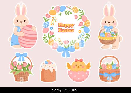 Collezione di simpatici adesivi di Pasqua. Illustrazione Vettoriale