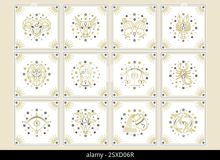 Raccolta di carte con segni zodiacali. Illustrazione Vettoriale