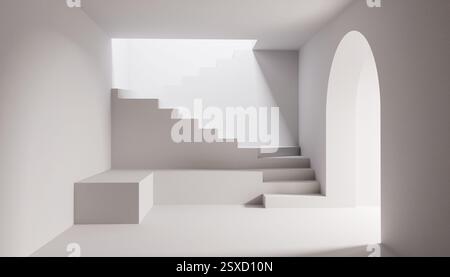 Camera minimalista con scala bianca e arco, posizionamento dei prodotti, rendering 3D, illuminazione soffusa, design astratto degli interni, architettura moderna Foto Stock