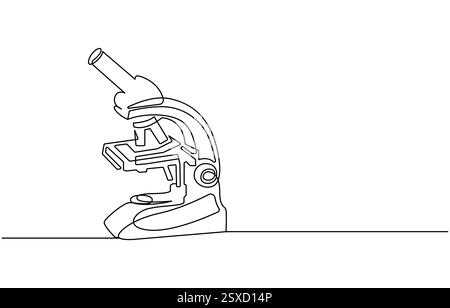 Laboratori di microscopio con disegno continuo su una linea. Illustrazione grafica a riga singola di apparecchiature da laboratorio Illustrazione Vettoriale