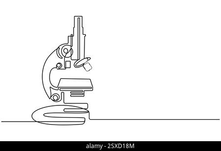 Laboratori di microscopio con disegno continuo su una linea. Illustrazione grafica a riga singola di apparecchiature da laboratorio Illustrazione Vettoriale