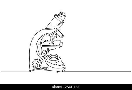 Laboratori di microscopio con disegno continuo su una linea. Illustrazione grafica a riga singola di apparecchiature da laboratorio Illustrazione Vettoriale