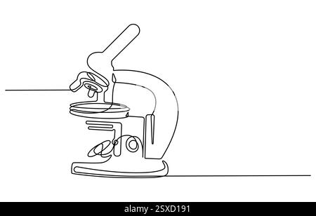 Laboratori di microscopio con disegno continuo su una linea. Illustrazione grafica a riga singola di apparecchiature da laboratorio Illustrazione Vettoriale