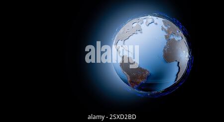Terra nello spazio, mostrando continenti illuminati, atmosfera blu e raffigurando connettività globale, notizie internazionali e informazioni a livello mondiale. REA Foto Stock