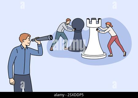 Un uomo d'affari guarda attraverso il telescopio i colleghi concorrenti che muovono pezzi di scacchi per conquistare la leadership. Un tizio che spiava gli impiegati d'ufficio, per il concetto di spionaggio aziendale per ottenere vantaggi di leadership Illustrazione Vettoriale