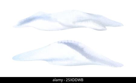 Set di illustrazioni per la neve in acquerello isolato su bianco. Elementi disegnati a mano sulle colline innevate per i paesaggi invernali Foto Stock