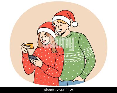 Couple in christmas Clothes effettua acquisti sull'app mobile del telefono e utilizza la carta di credito per pagare i prodotti online. Uomo e donna di Natale con un biglietto da visita amico e numero di telefono sullo smartphone Illustrazione Vettoriale