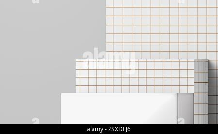 podio vuoto per la presentazione del posizionamento dei prodotti, piastrelle bianche con griglia, design minimalista, sfondo moderno e pulito, forme geometriche, adve Foto Stock